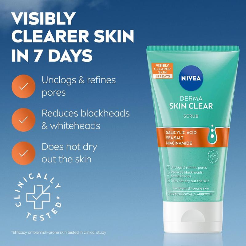 NIVEA Derma Skin Clear Scrub (150ml), Exfoliating Face Scrub, Salicylic Acid Face Scrub Enriched with Niacinamide to Unclog Pores and Refine Skin Textures, For Blemish-Prone Skin Skincare Brightening Nourishing Smoother Soothing Comfort 1