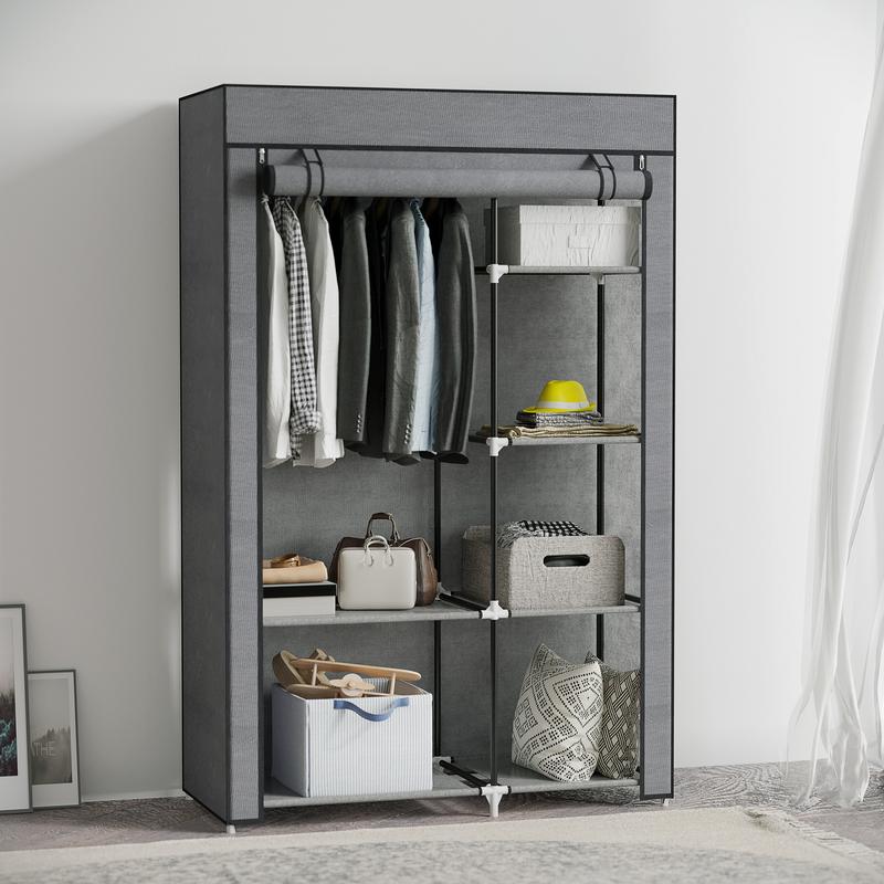 HOMCOM Fabric Wardrobe, Portable Wardrobe with 6 Shelves, 1 Hanging Rail, Foldable Closets, 103 x 43 x 162.5 cm, Dark Grey 1