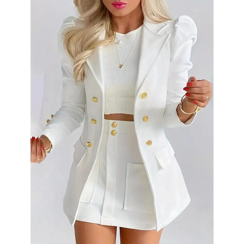 Blazers Two-piece Set, Elegant Solid Long Sleeve Blazers & Mini Skirt, Women's Clothing