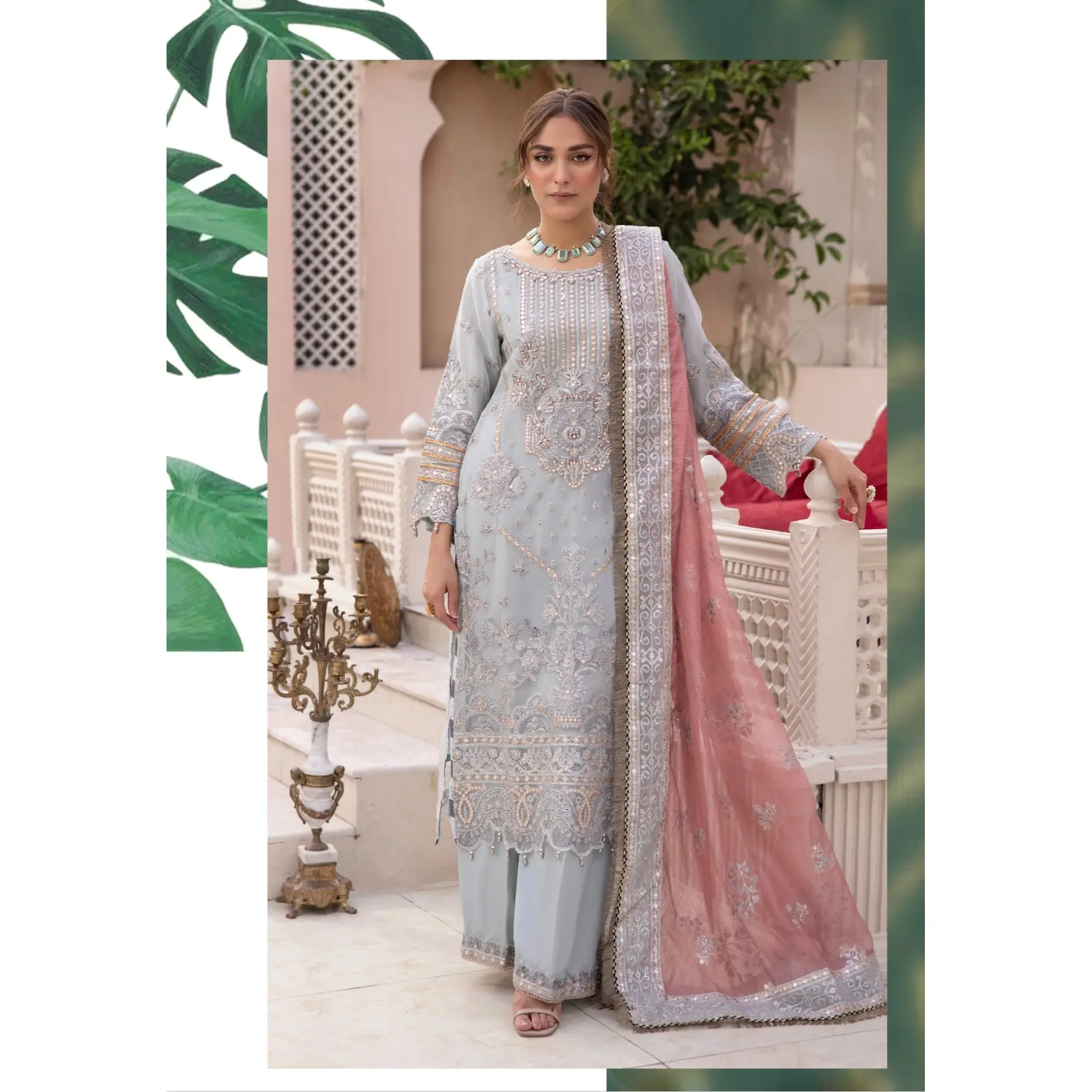 ‘Imrozia Inspired’ | Embroidered Net Readymade | SM771 (Light Blue)