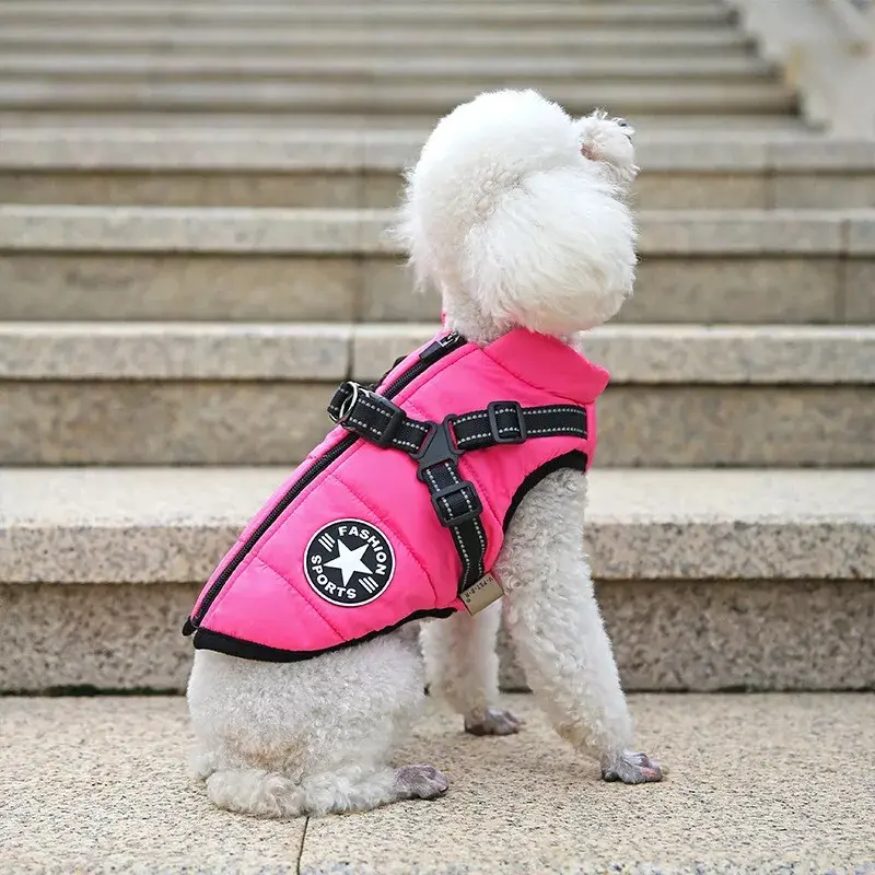 Dog Coat Waterproof With Harness Jacket Raincoat Winter Zip Coats Pet Hole Warm 6