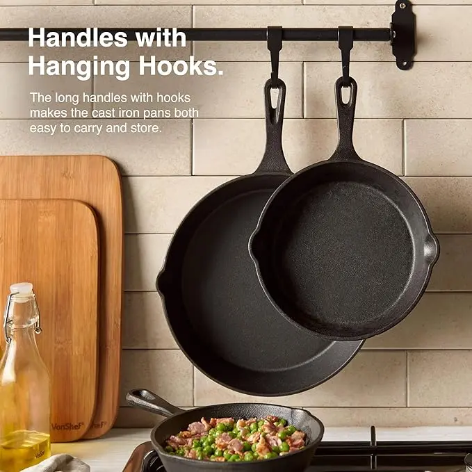 3 Piece Black Cast Iron Skillet Set- 3 sizes - 6",8",10" Cookware Pans 7