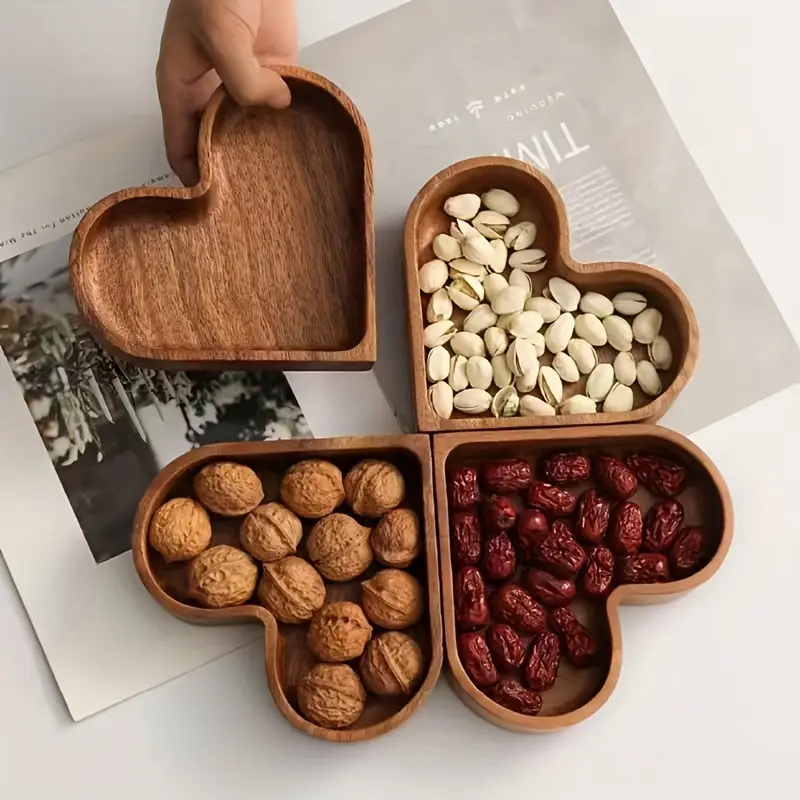 1pc Heart Shaped Solid Wood Tray, Wood Trays Home Decor, Farmhouse Decor, Dried Fruit And Nut Tray For Food And Drinks, Stackable Heart Shaped Walnut Tray, Home Kitchen Supplies, Home Decoration Plates Wooden Modern Simplicity