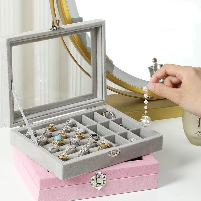 P240001 VELVET JEWELLERY DISPLAY STORAGE HOLDER WITH TRANSPARENT ACRYLIC COVER FOR ALL ACCESSORIES Box Boxes Gift Organiser Adjustable Case 7