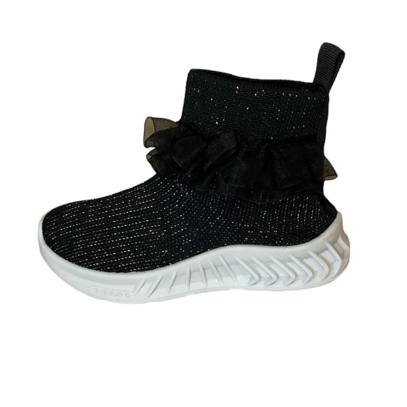 Junior Girls Black Ruffle Shimmer Sock Hard Sole Trainers - Size 11 To 2 3