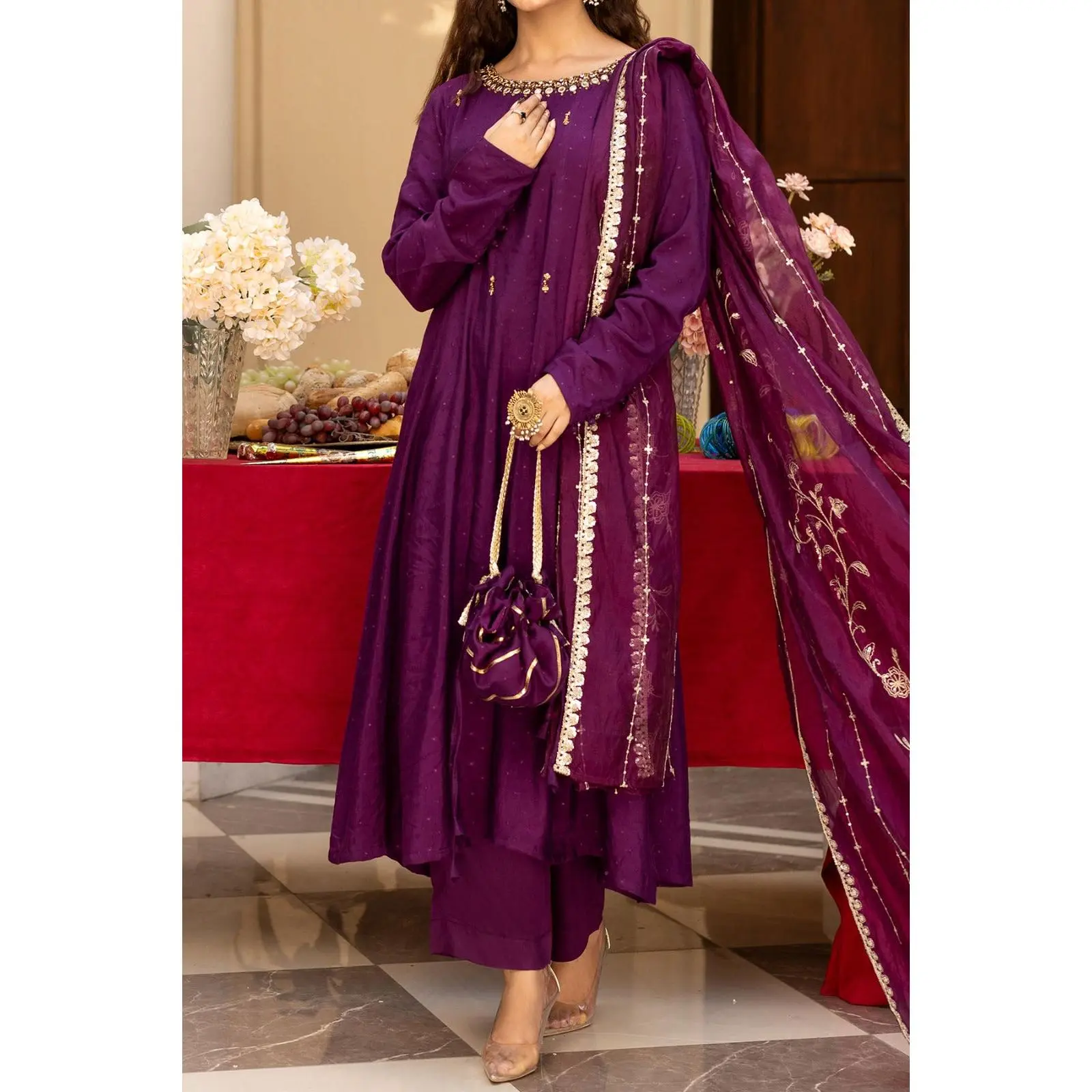 Plum embellished Jacquard A-line frock with viscose trouser and embroidered silk organza dupatta