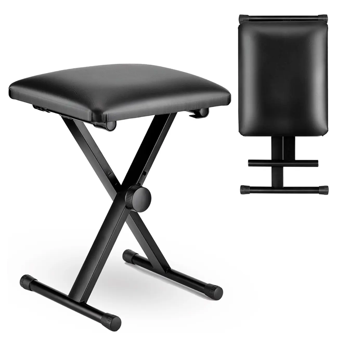Adjustable Height X-Style Padded Folding Piano Bench with High-density Sponges - Sturdy Durable Metal Music Stool for up to 160 Kg - Portable PU Leather Pedded Stool - Black - Easy Clean