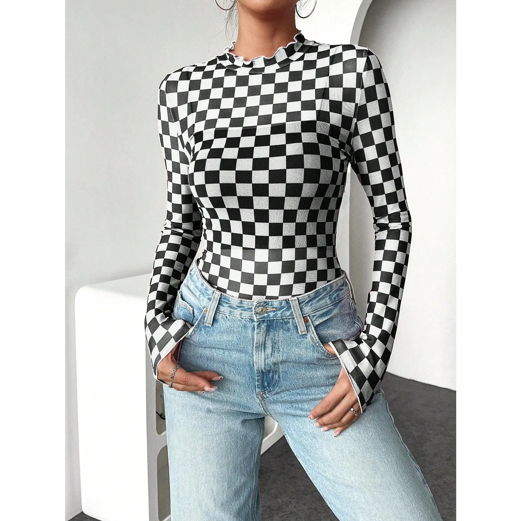 INAWLY Women's Casual Checkerboard Long Sleeve Fitted Top