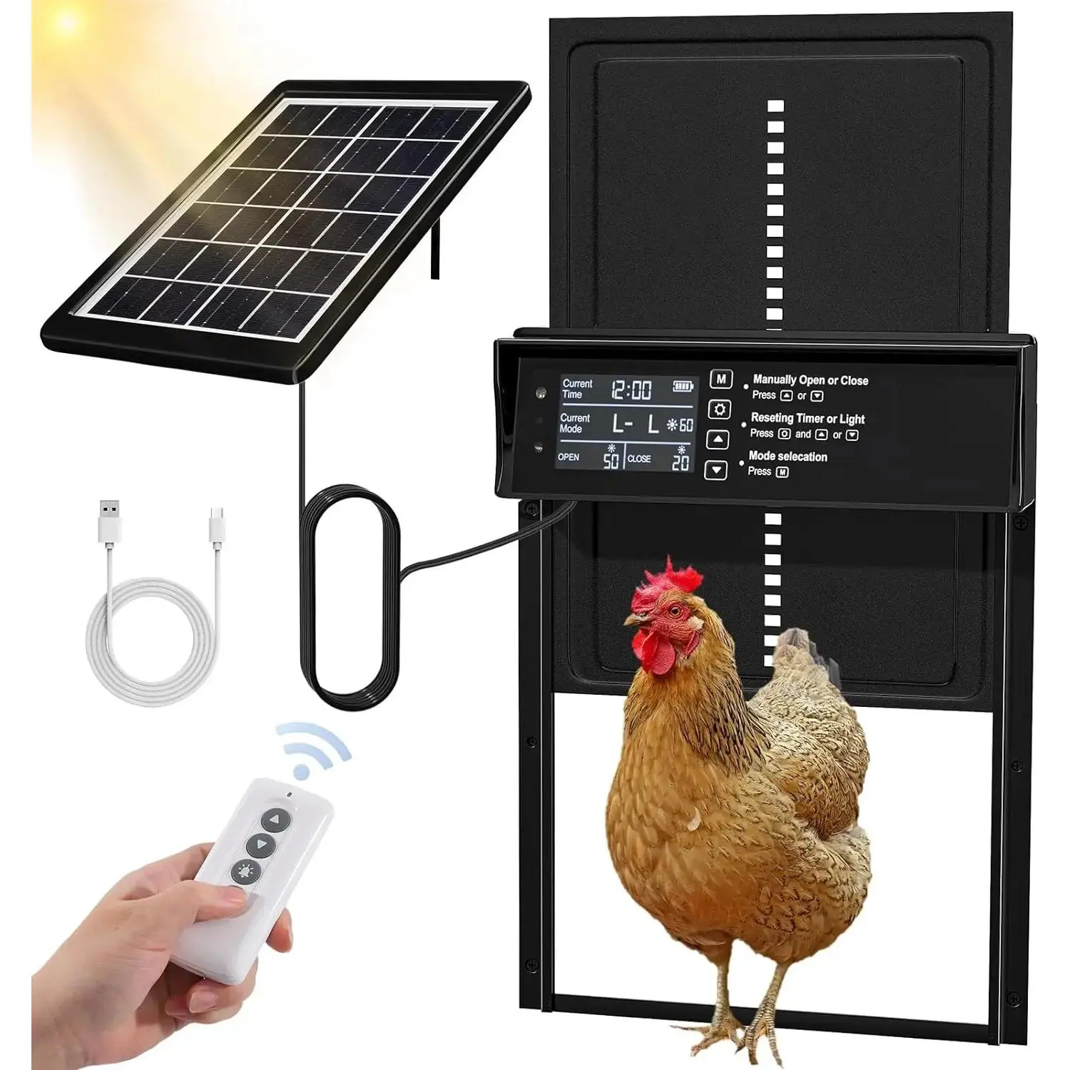 Automatic Chicken Coop Door, Solar Powered 4 Modes with Timer & Light Sensor