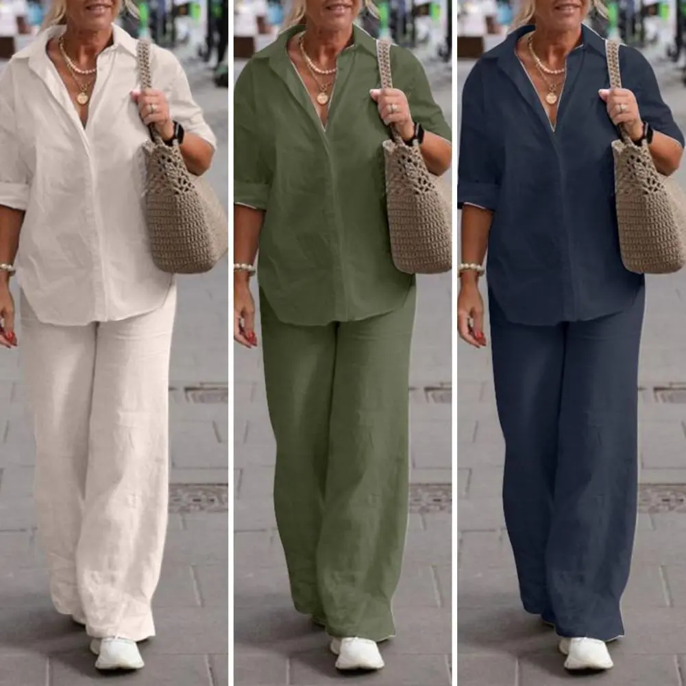 1 Set Trendy Women Summer Suit  Two-piece Set Plus Size Casual Outfit  Linen Top Long Pants Women Summer Suit