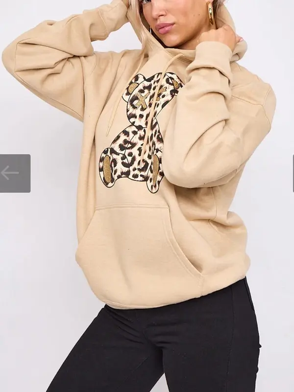Women's Casual Oversized Leopard Print Teddy Graphic Hoodie Sweatshirt Jumper, Everyday Wear, Casual Wear 6