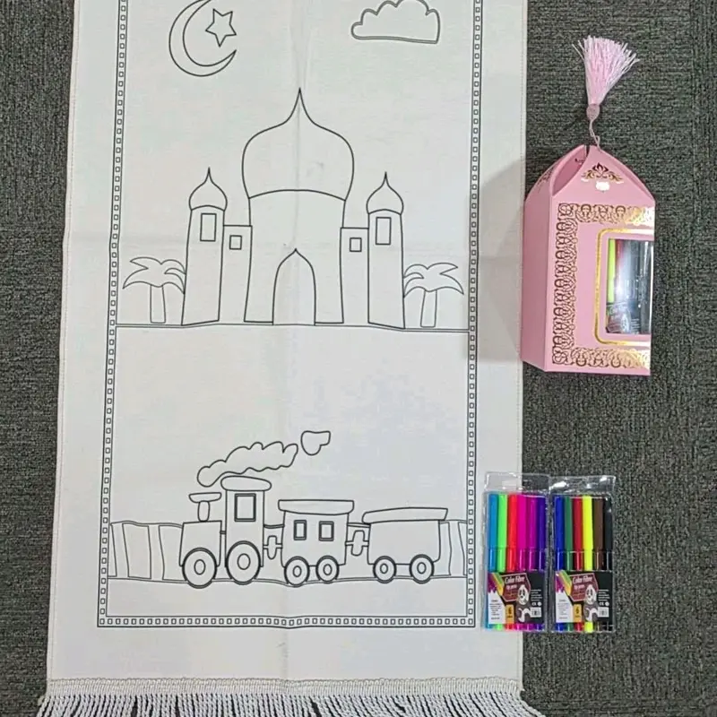 Colouring Prayer Mat set includes prayer mat, fabric coloured pencils, and a box. 3