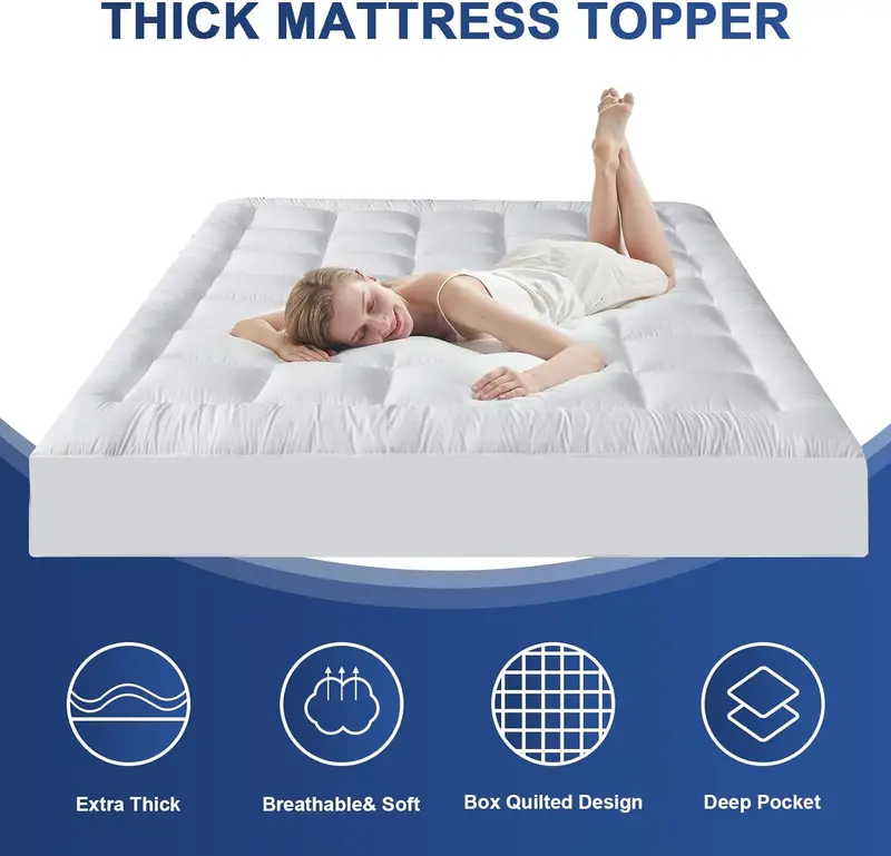 4" Inch Deep Mattress Topper 10cm Extra Thick Quilted Heavy Box Stitched Fluffy Hypoallergenic Microfiber with Strong Elasticated Corner Straps Matress Topper White Color Sizes Single, 4ft / Small Double, Double, King, Super King 1