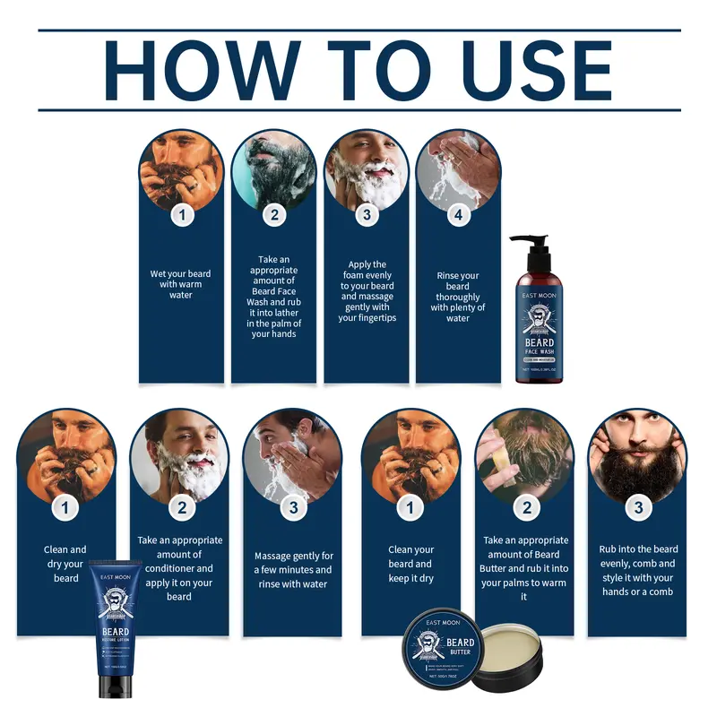 East Moon Men's Sandalwood Beard Care Set Nourishing and Repairing Frizzy Beard Shaping Set 3