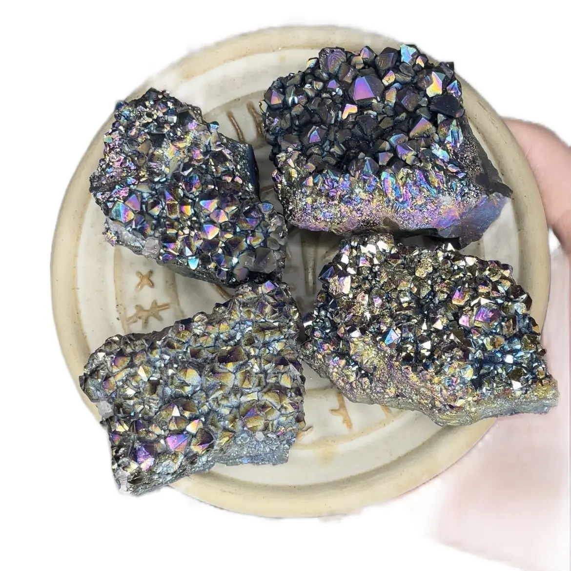raw Titanium aura amethyst cluster crystals