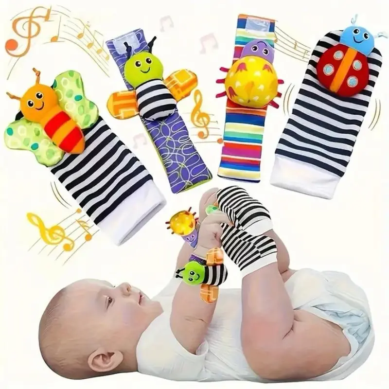 Mother’s Baby Rattles 4 in 1 Set for 0-12 Month, Sensory Breathable Fabric With Rattle, Lovely For Travel/Home Cute Hand and Foot Socks Rattle Toys, Cute Gift 1