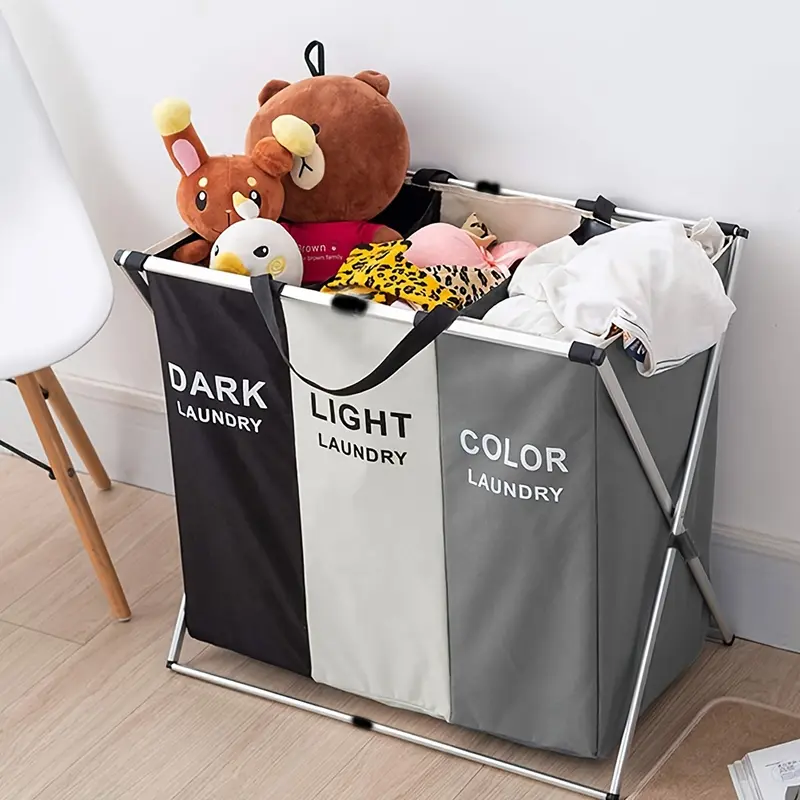 Large Laundry Basket 3 Sections Aluminium Folding Laundry Cloth Basket Oxford Washing Hamper Bin Sorting Storage Bag Light Dark Color 1