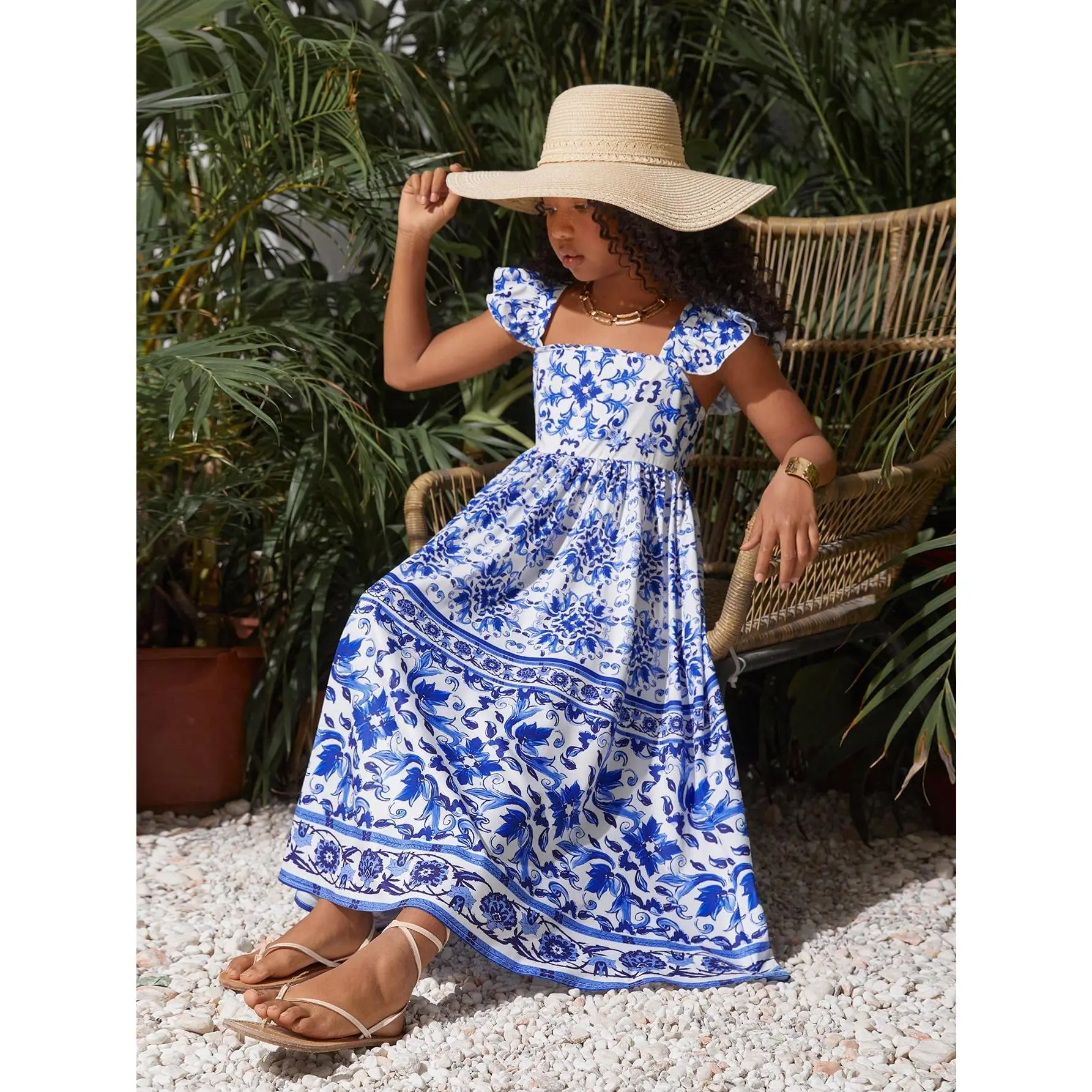 Tween Girls' Casual Floral Print Square Collar Cap Sleeve Dress For Spring And Summer