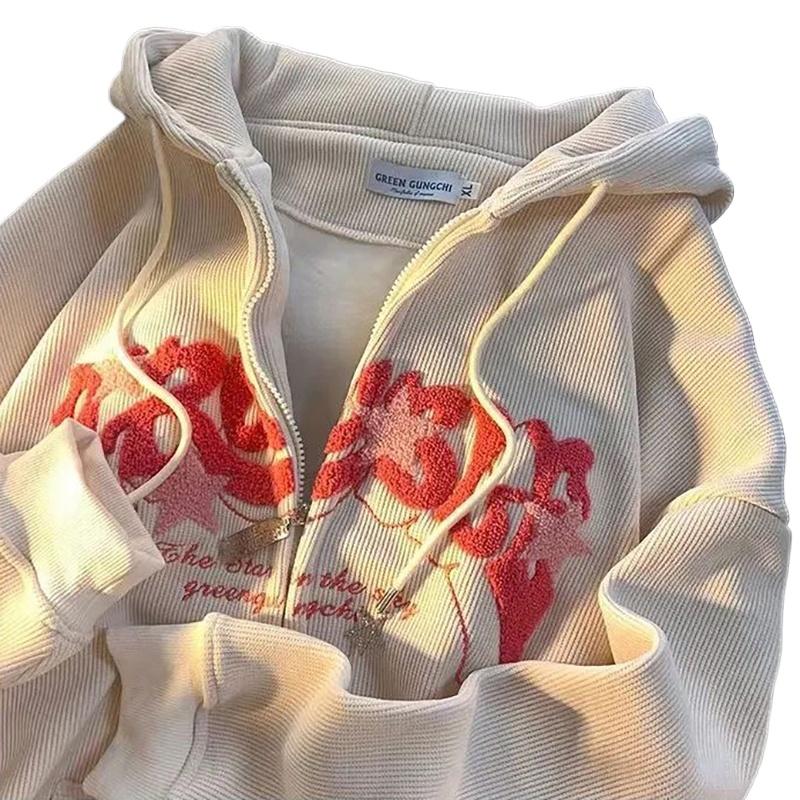 Product Introduction of Y2k Zip Up Hoodie Women Retro Embroidered Letter Loose Long Sleeve Tops 2025 Casual Hooded Sweatshirts Harajuku Jackets coat 14