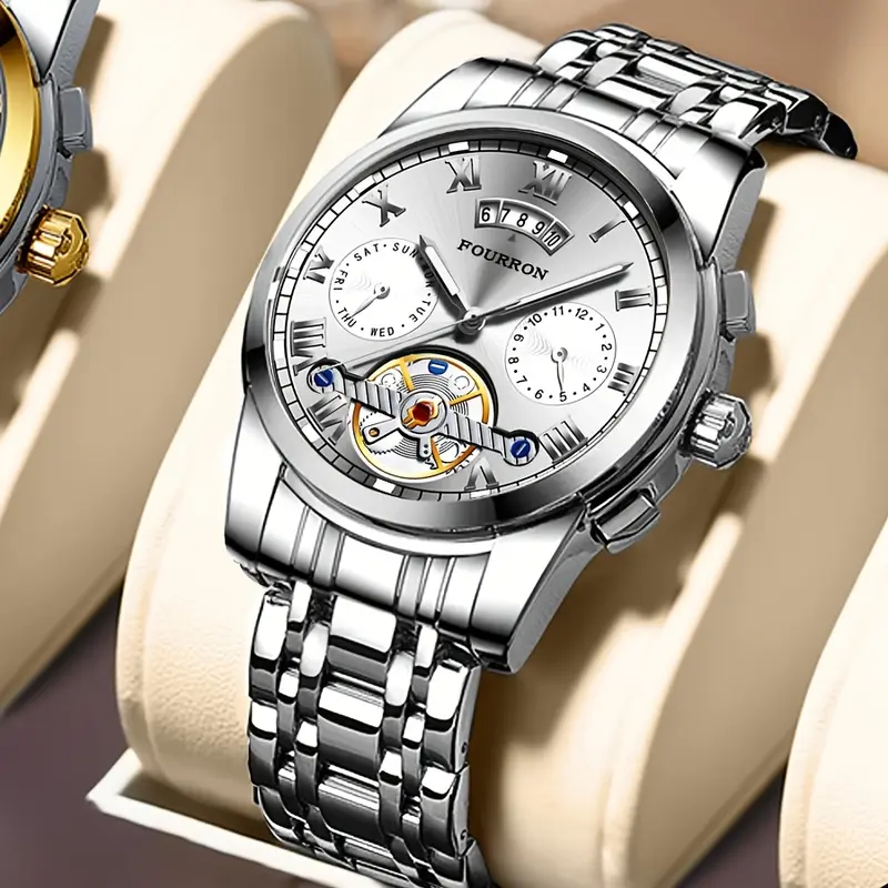 1pc Elegant Men's Stainless Steel Quartz Watch with Date Calendar, Luminous Hands, Round Zinc Alloy Case, Business Style, Water Resistant, Battery Powered Electronic Movement - Ideal Gift for Birthdays and Holidays Valentine's Day 8