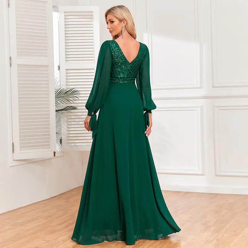 New long-sleeved lace-up high-quality double V-neck bead splicing chiffon A-shaped large pendulum fully lined party evening dress 2