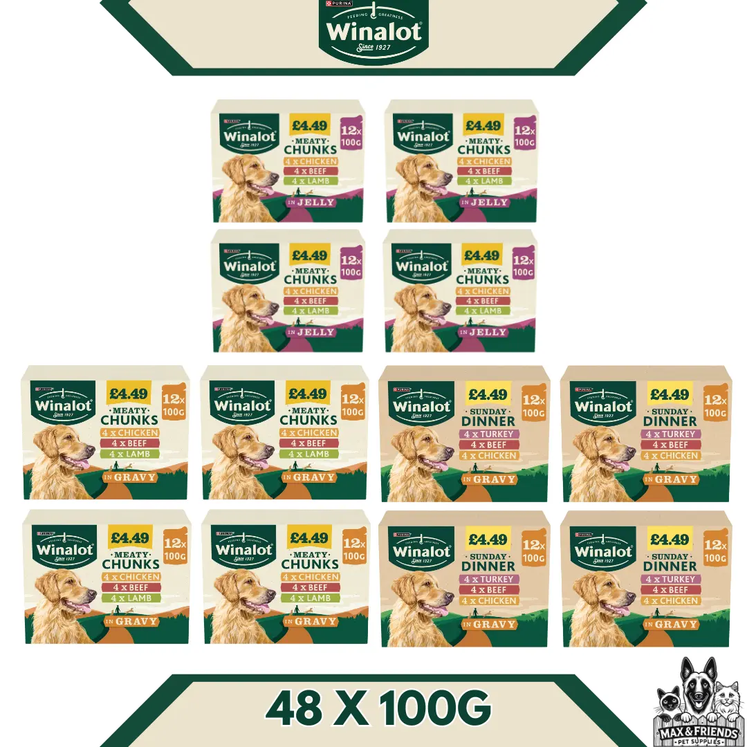 Winalot Dog Food (12 X 100G X 4) Meaty Chunks In Jelly, Sunday Dinner In Gravy & Meaty Chunks In Gravy Total 48 Pouches
