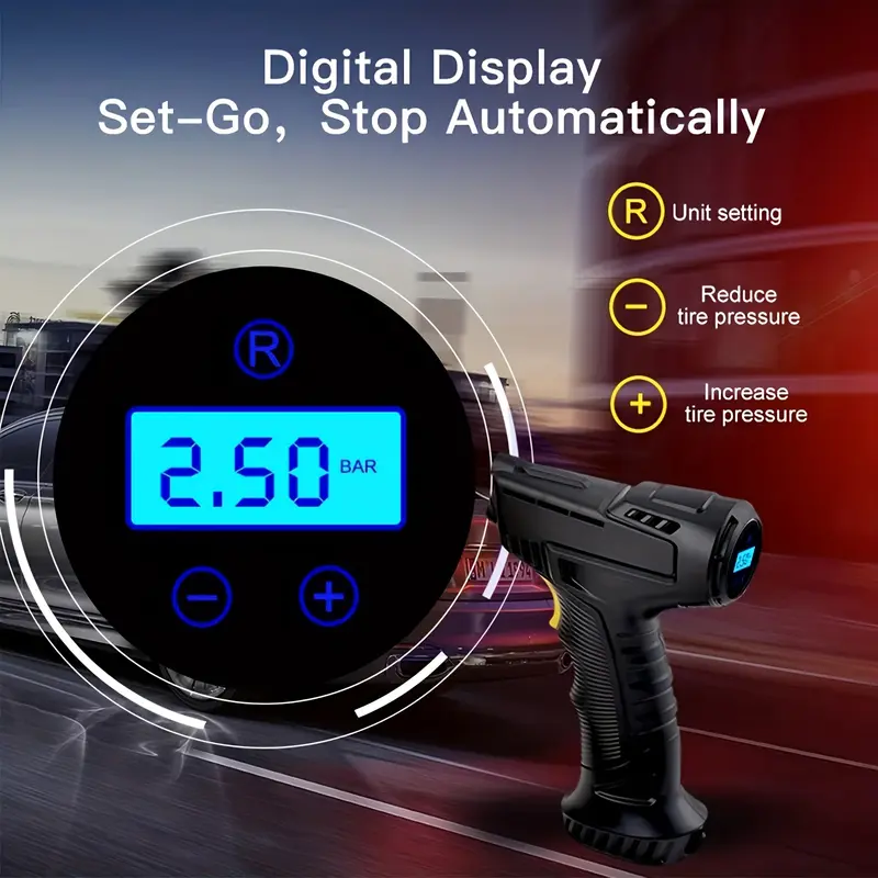 Portable Car Tyre Inflator, Air Compressor, Digital Handheld Electric Pump, LED Light, 3 Nozzle Adaptors, for Car, Motorcycle, Bicycle, Inflatables, DC 12V 4