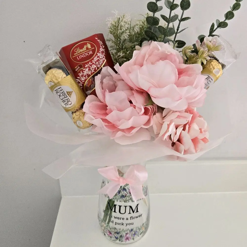 vase available with mum, nanny, grandma or nana mothers day gift filled with flowers and chocolate