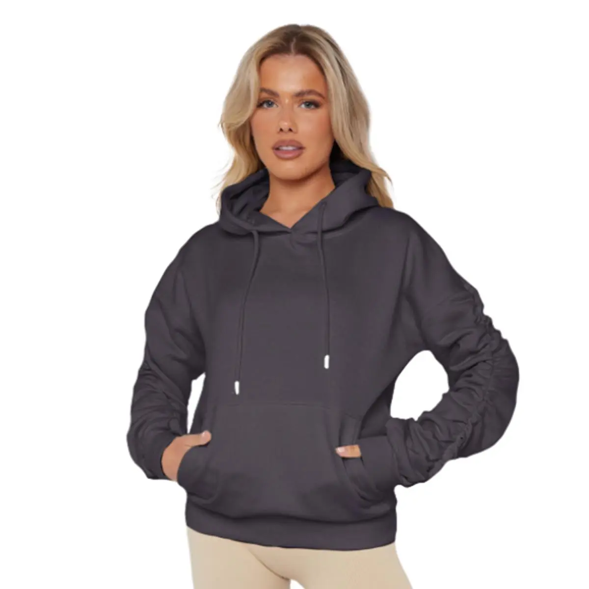 Ruched Sleeve Oversized Hoodie For Womens, Plain Hooded Sweatshirt, Fleece Baggy Jumper Top, Casual Winter Wear