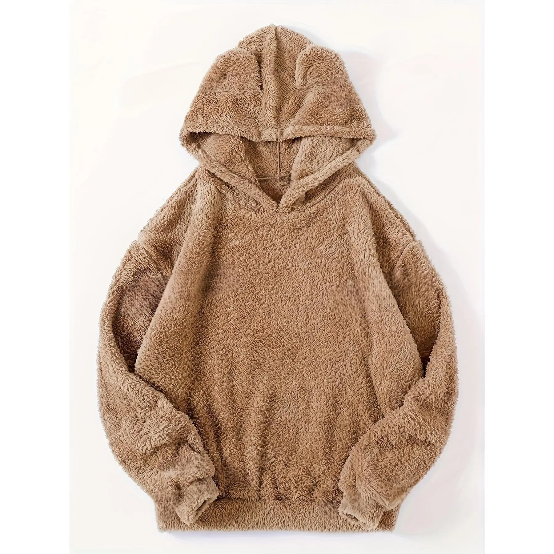 Solid Color Teddy Hoodie, Casual Long Sleeve Sweatshirt With Cute Hood For Fall & Winter, Women's Clothing