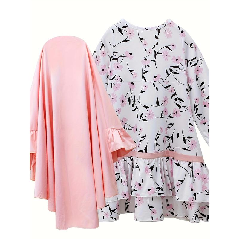 Conjunto de Ropa Étnica Tradicional Musulmana para Niñas de Primavera y Otoño - Vestido Floral de Manga Larga + Pañuelo para la Cabeza, Conjunto de Dos Piezas 5