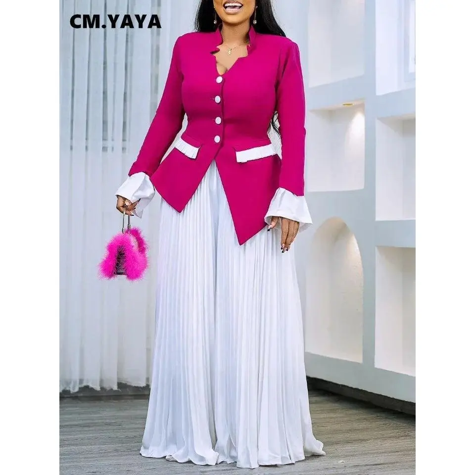 2 piece set  Womens Flare Sleeve Blazer  Pleated Pants Set