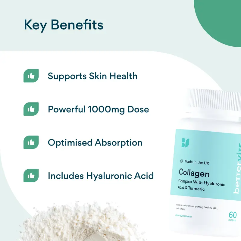 Bettervits Collagen Supplement – 1000mg Hydrolyzed Capsules | Skin, Hair, Nails & Joint Support | With Hyaluronic Acid & Vitamin E 1