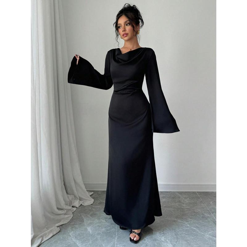 PETITE 1pc Women's Satin Solid Color Long Flare Sleeves & Back Tie Elegant & Romantic Mermaid Hem Dress, Petite 3