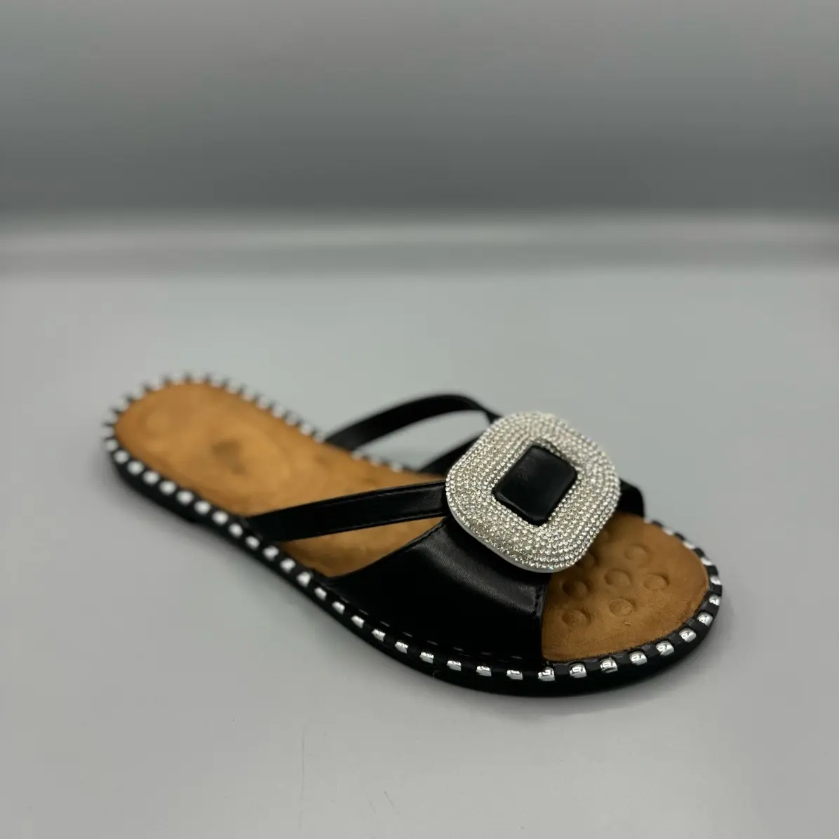 Ladies Soft Flat Sandal with Black Diamond Diamante, Perfect for Summer and Holidays