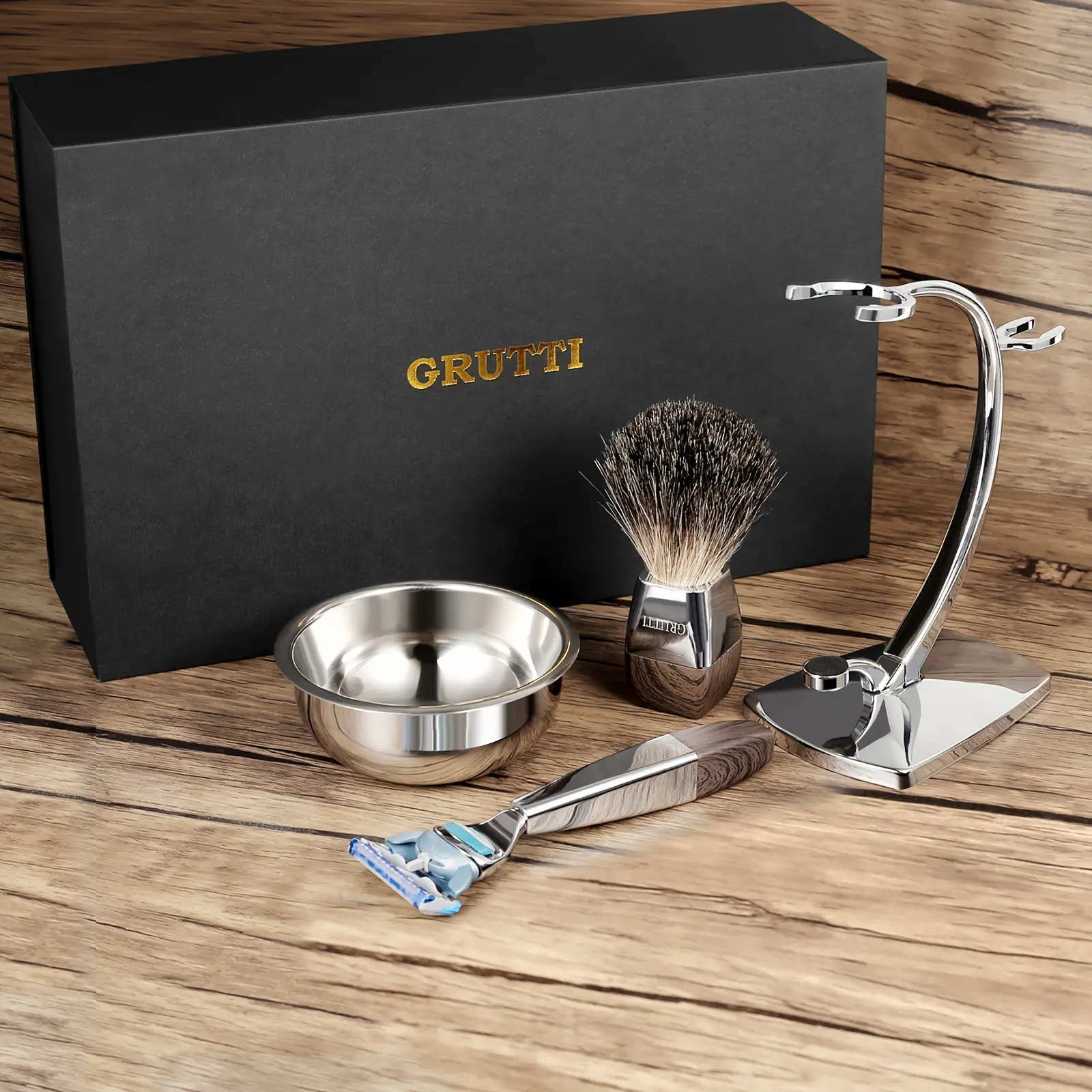 Men's Shaving Set, Deluxe Chrome Razor And Brush Holder With Soap Brush And Razor Brush, Stainless Steel Shaving Bowl And With Manual Razor (5-Ply Blades)