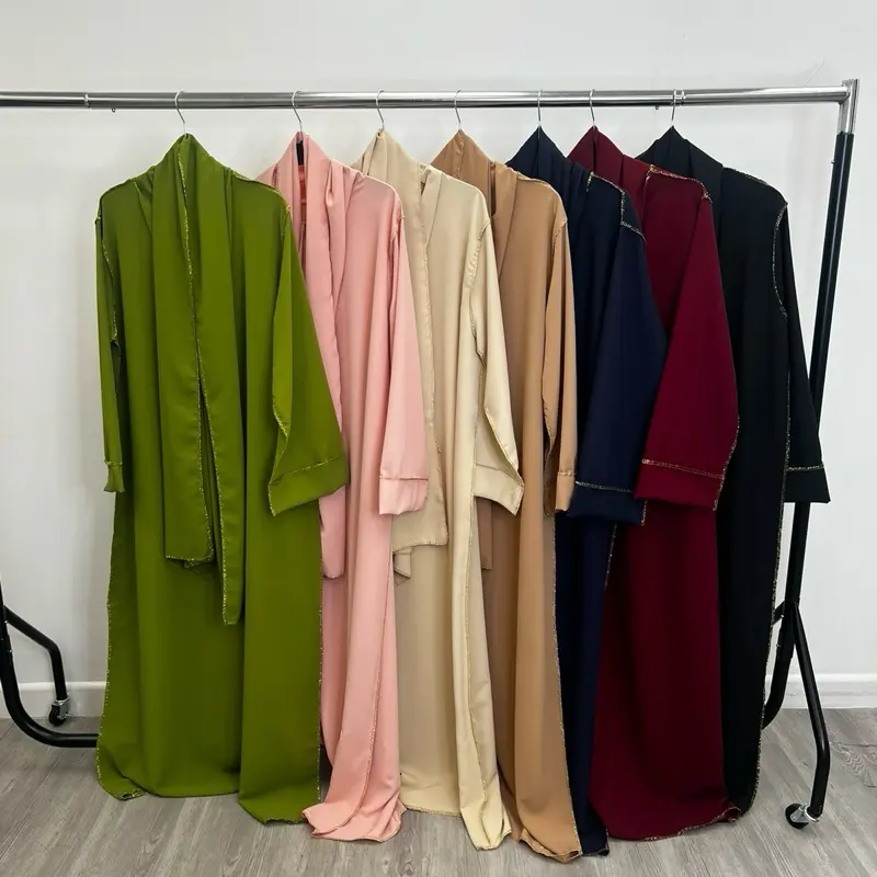 Women's Closed Abaya with Gold Stitch Detailing and Attached Scarf - Muslim Clothing 1