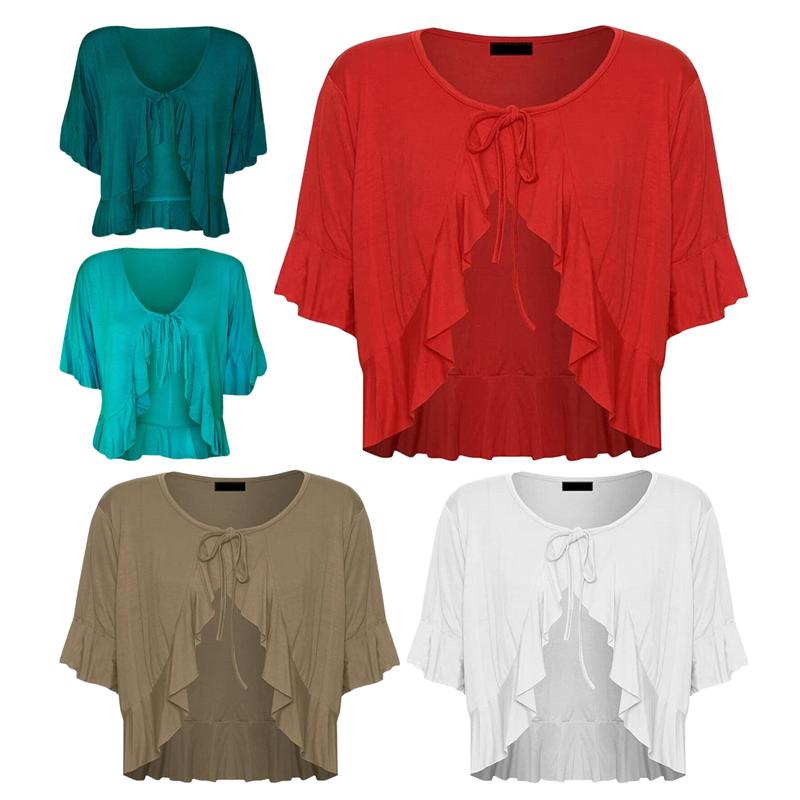 Womens V Neck Open Front Top Frill Tie Front Bolero Cardigan Ladies Evening Party Plus Size Top 2