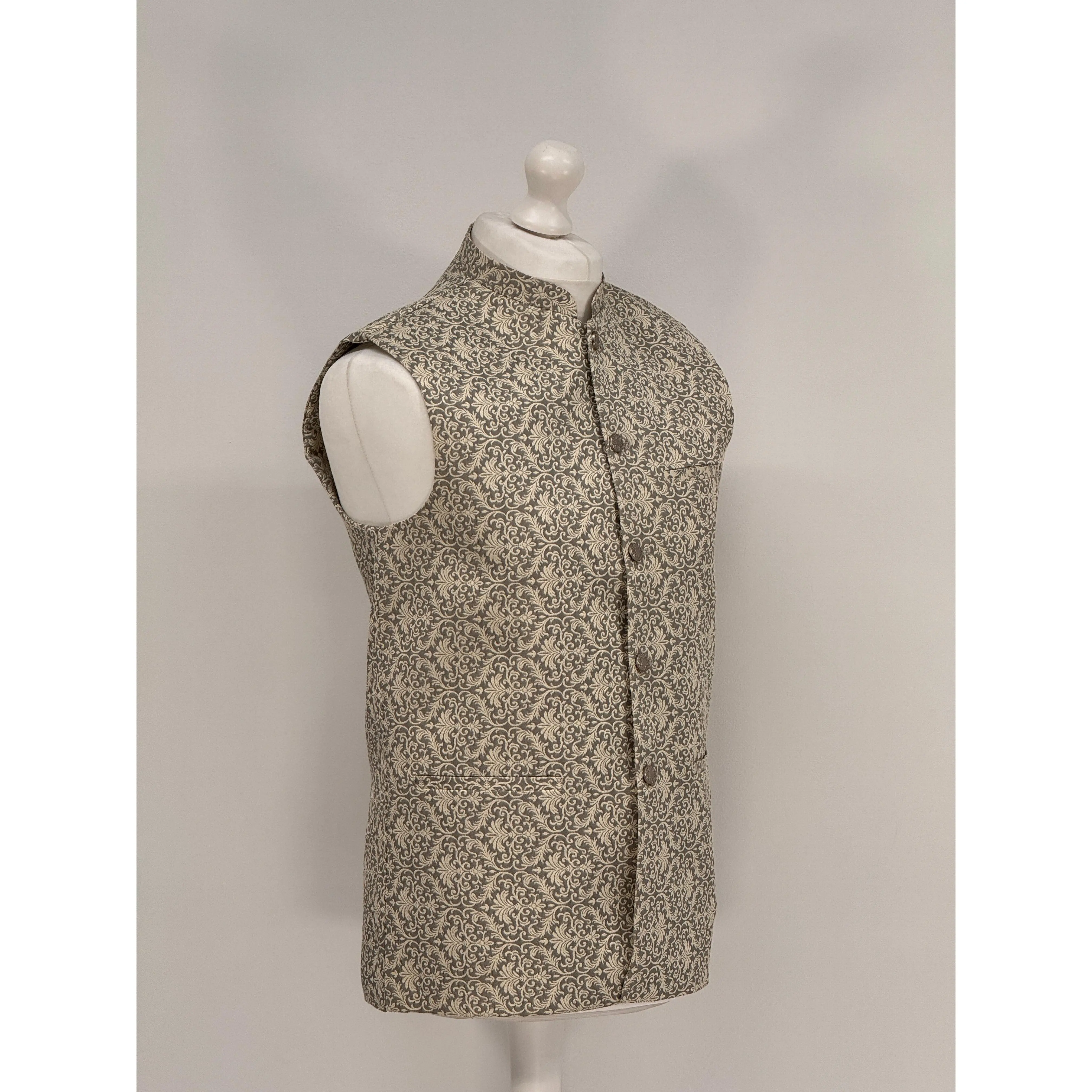 Men's Banarsi Grey Cream Waistcoat