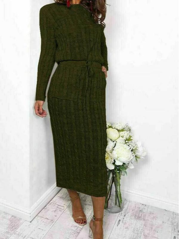Ladies Women long Midi Cable Knitted Pocket Tie up Party Jumper Dress Casual Comfort Crewneck Soft Womenswear Chic Comfortable Cute Piece Sleeve Style Summer 7