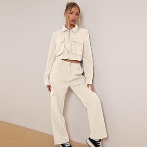 KatchMe Women's Basic Zip-Up Long Sleeve Top & Cargo Pants Co-ord (6-20UK),Plain Collared Neck Crop Top & Trousers Set,Multi-Pocket Street Womenswear