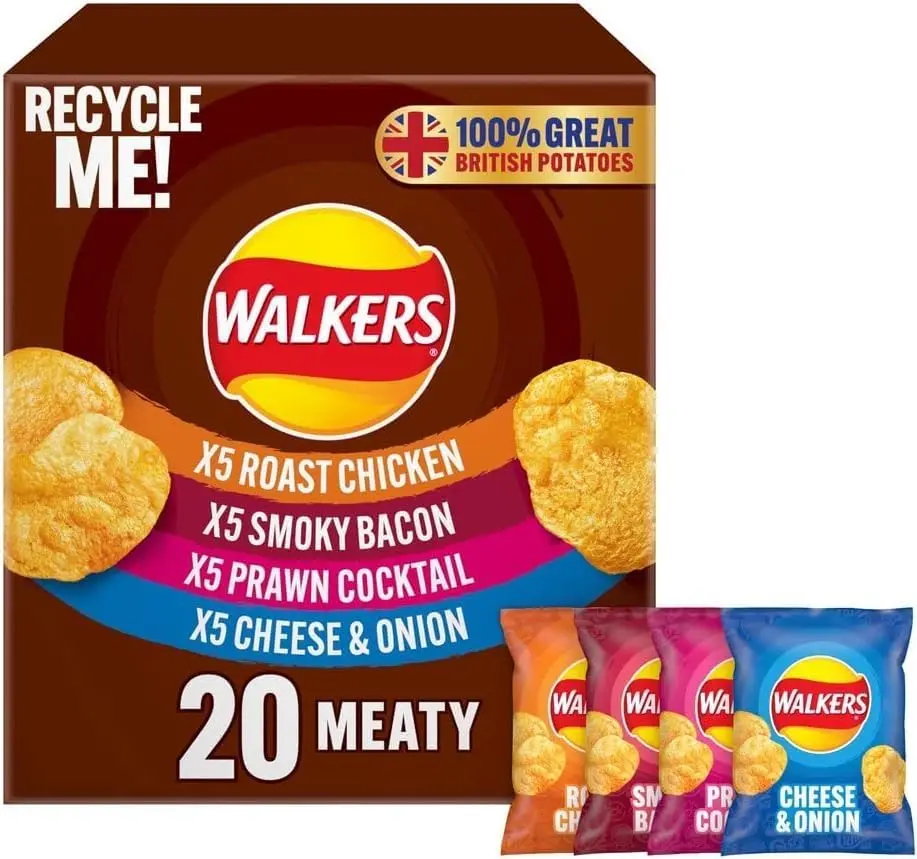 Walkers, Meaty Variety Crisps, 20/40X25g Multipack, Smoky Bacon, Roast Chicken, Prawn Cocktail, Cheese & Onion  Crispy Snack Crispy