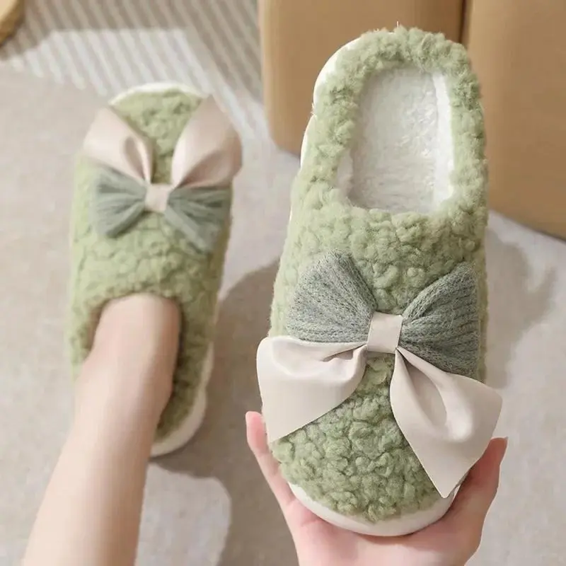 New Bow Cotton Slippers Women's Indoor Home Use Warm Thick Bottom Anti-slip Postpartum Slippers Women's Sweet Style 3