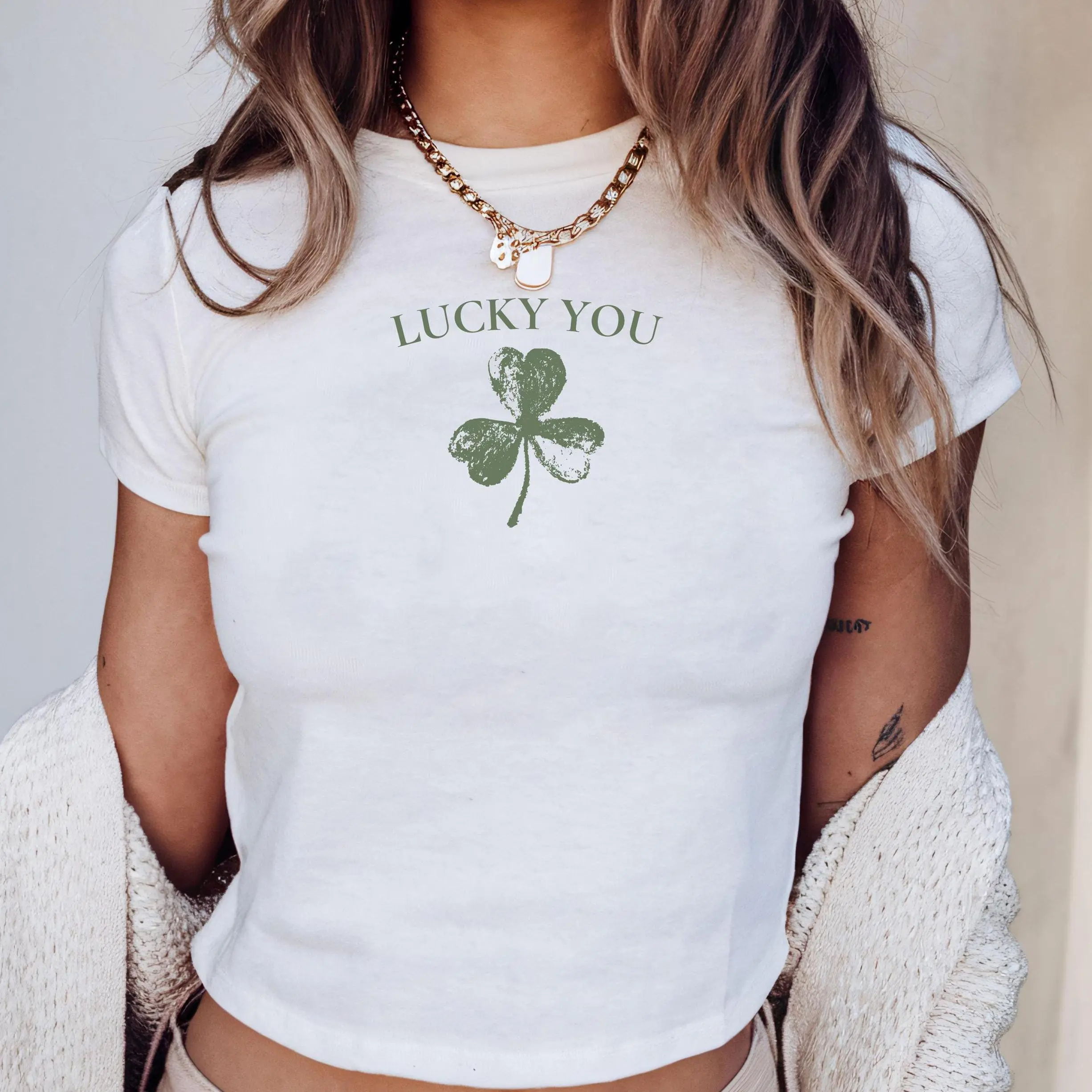Lucky You St Patricks Day Baby Tee Y2K Coquette Aesthetic Shamrock Baby Tee Cute St Paddy Outfit Lucky Girl Baby Tee Irish Women Shirt