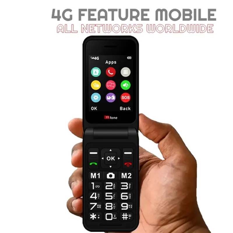 TTfone Black TT760 Flip 4G Mobile with USB C Cable, EE SIM 1
