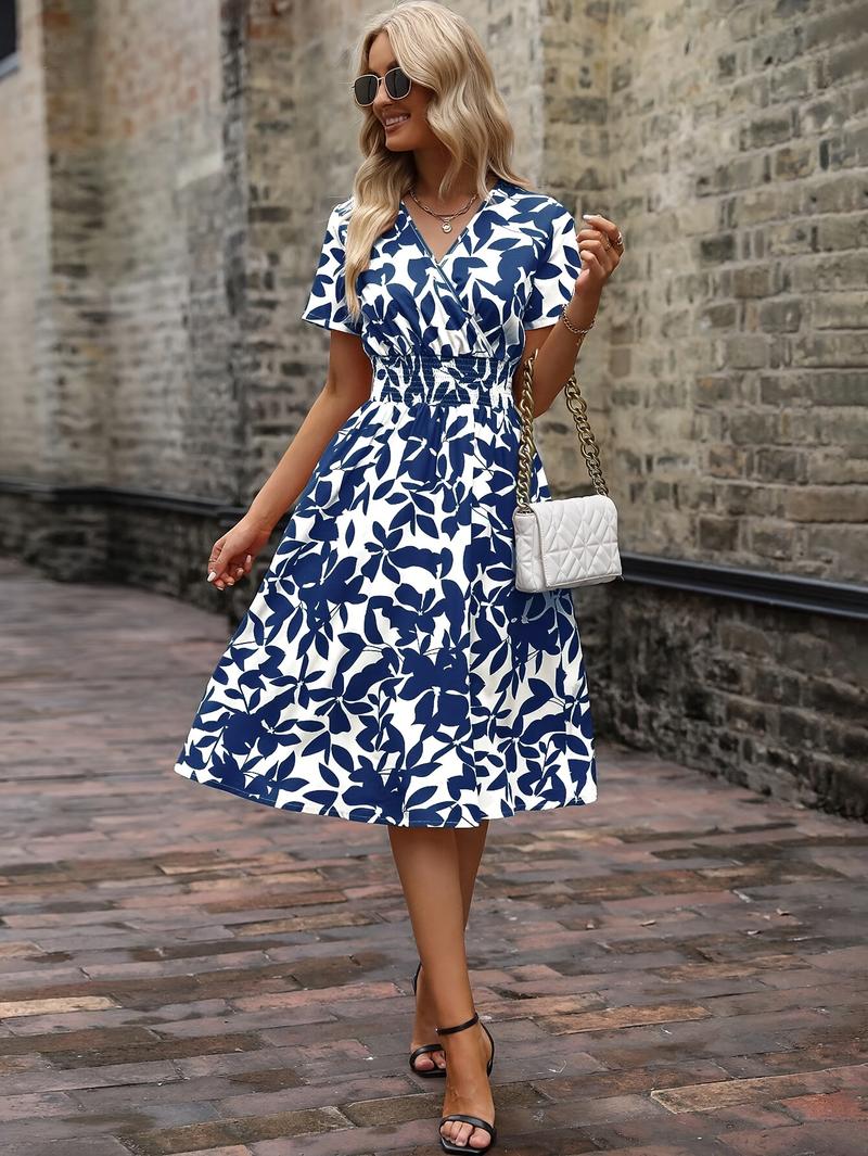 Product Introduction of Floral Wrap Neck Dress, Elegant Short Sleeve Dress For Spring & Summer, Women's Clothing 14