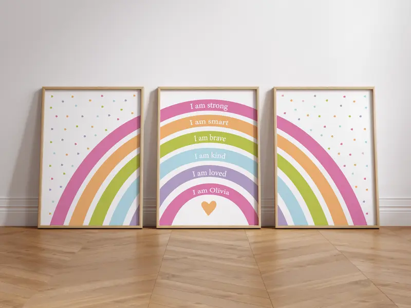 Set of 3 Girls Rainbow Prints, Affirmation Girls Prints, Rainbow Nursery Wall Art, Bright Colours, I am Print, Personalised Name Print, Girls Bedroom Print Playroom, Girls Room Decor, Girls Room Makeover Gift Photo Poster Satin etsy  prints 1