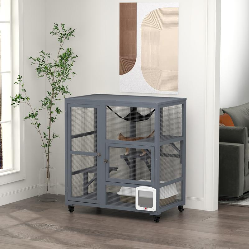 Product Introduction of Cat Cage House, Catio Cat Outdoor Enclosure on Wheels, Weather-Resistant Wooden Kitty Cage with Platforms, Hammock, 100L x 60W x 110Hcm - Light Grey 2