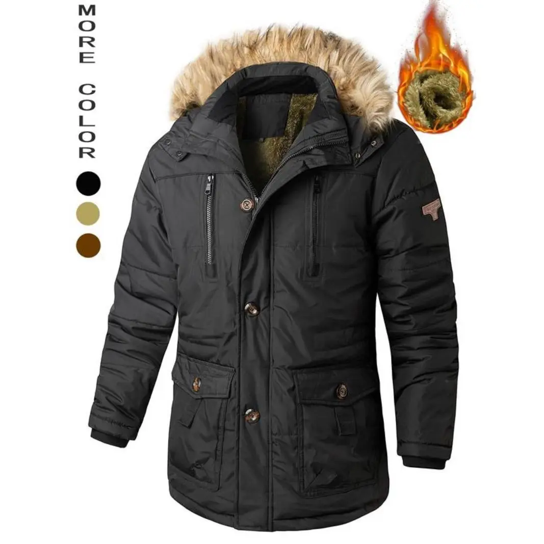 Men's Flap Pockets Button Front Thermal Lined Hooded Coat, Slim Fit Casual Fuzzy Trim Zipper Warm Coat, Men Winter Coats, Men's Outerwear for Daily Wear