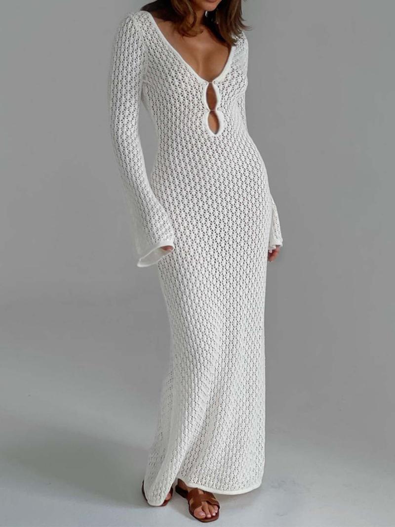 Product Introduction of Women White Long Knit Sleeve Bikin Fashion Cover up Female See-Through Deep V-Neck Hollow-Out Beach Knitwear Backless Dress 16